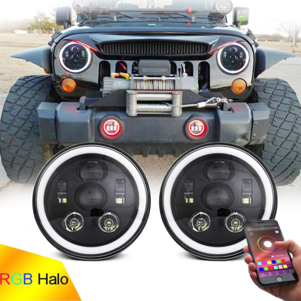 Phare de halo LED de RVB 7 pouces pour le phare RVB de fonction multi de Jeep Wrangler JK JL